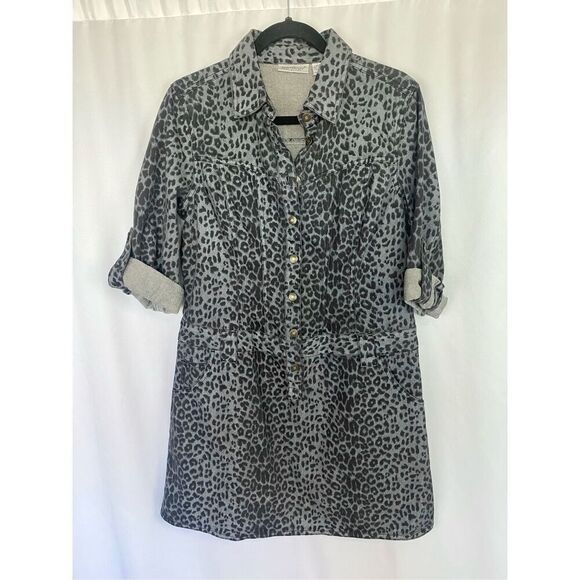 80s Vintage Denim Leopard Print Mini Dress Sz 10 Black & Grey Metal Rockerchic - Picture 10 of 13